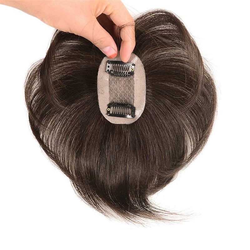 RemeeHi Short Straight Human Hair Toppers 18cm Hand Made Clip in Hairpiece for Covering White Hair Tape Toupee Wiglet 5x7cm Black - Image 1